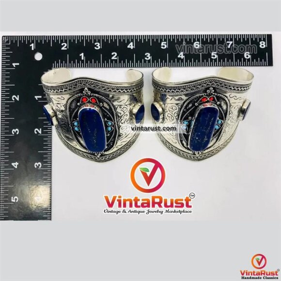 Single Kuchi Lapis Lazuli Cuff Bracelet: Vintage Tribal Boho Jewelry - Picture 7 of 13